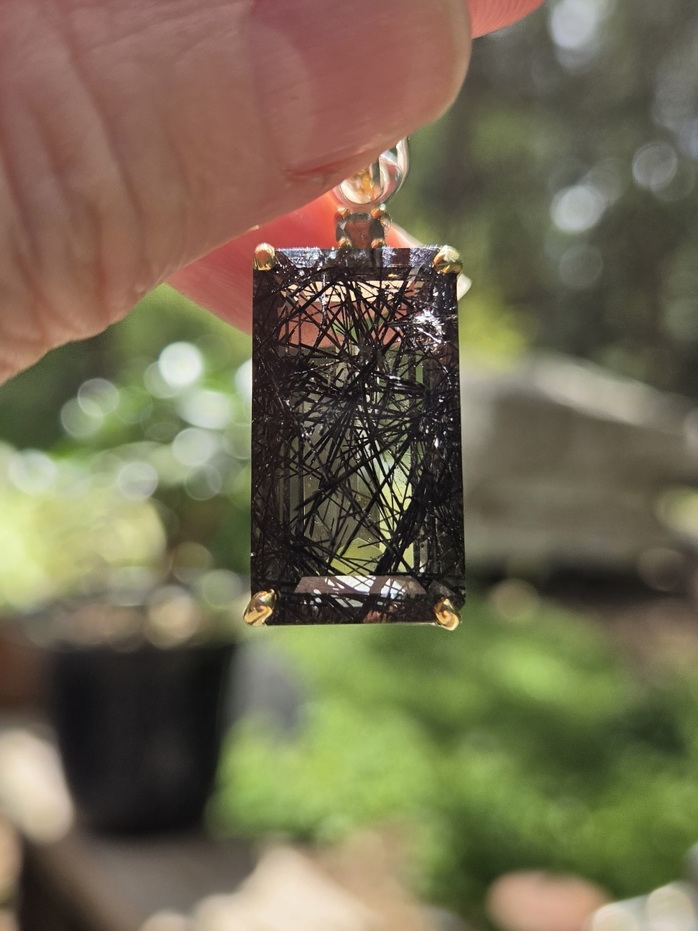 Rutilated Quartz Emerald Cut Natural 28k Topaz&tourmaline Pendant Necklace 18"